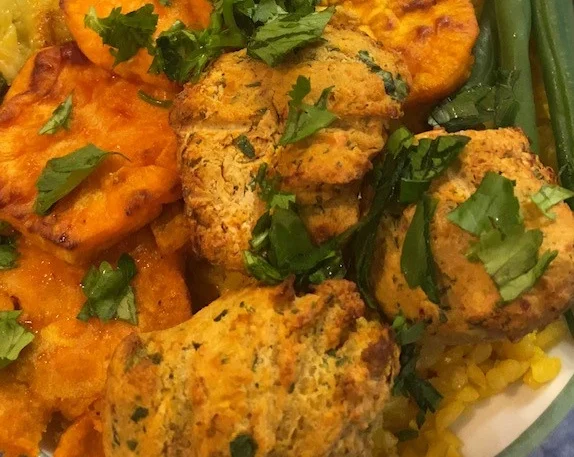 Air fried Falafel meal on white dinner plate