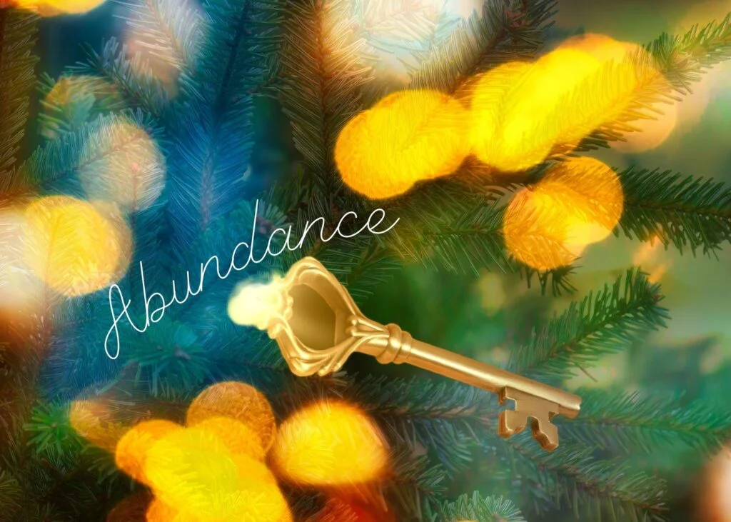 greens yellows and blues with gold key under the word abundance